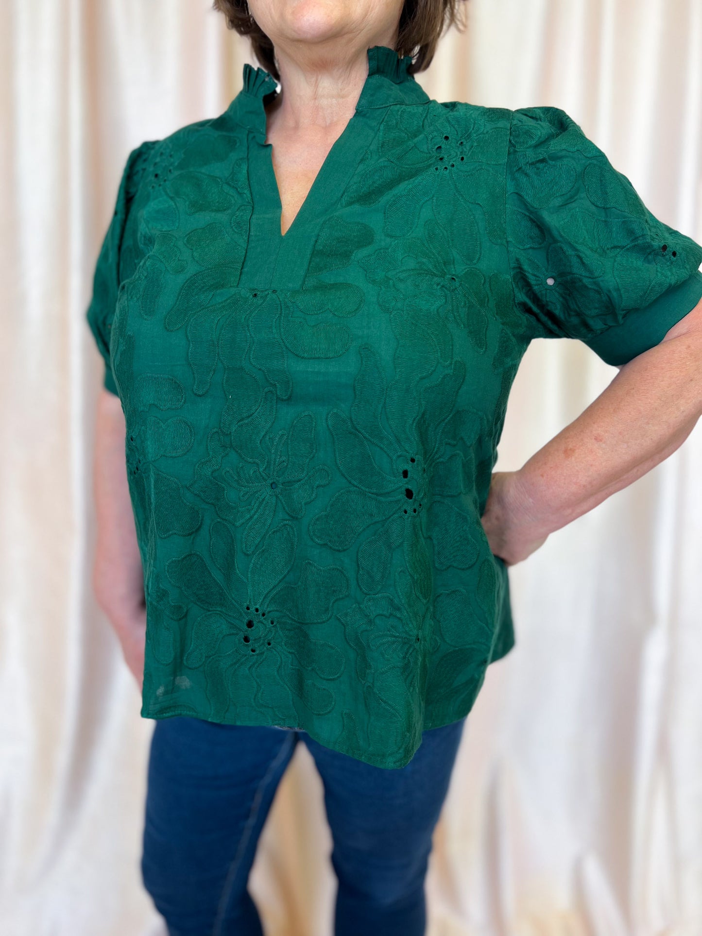 Precious Petals Curvy Green Embroidered Floral Top