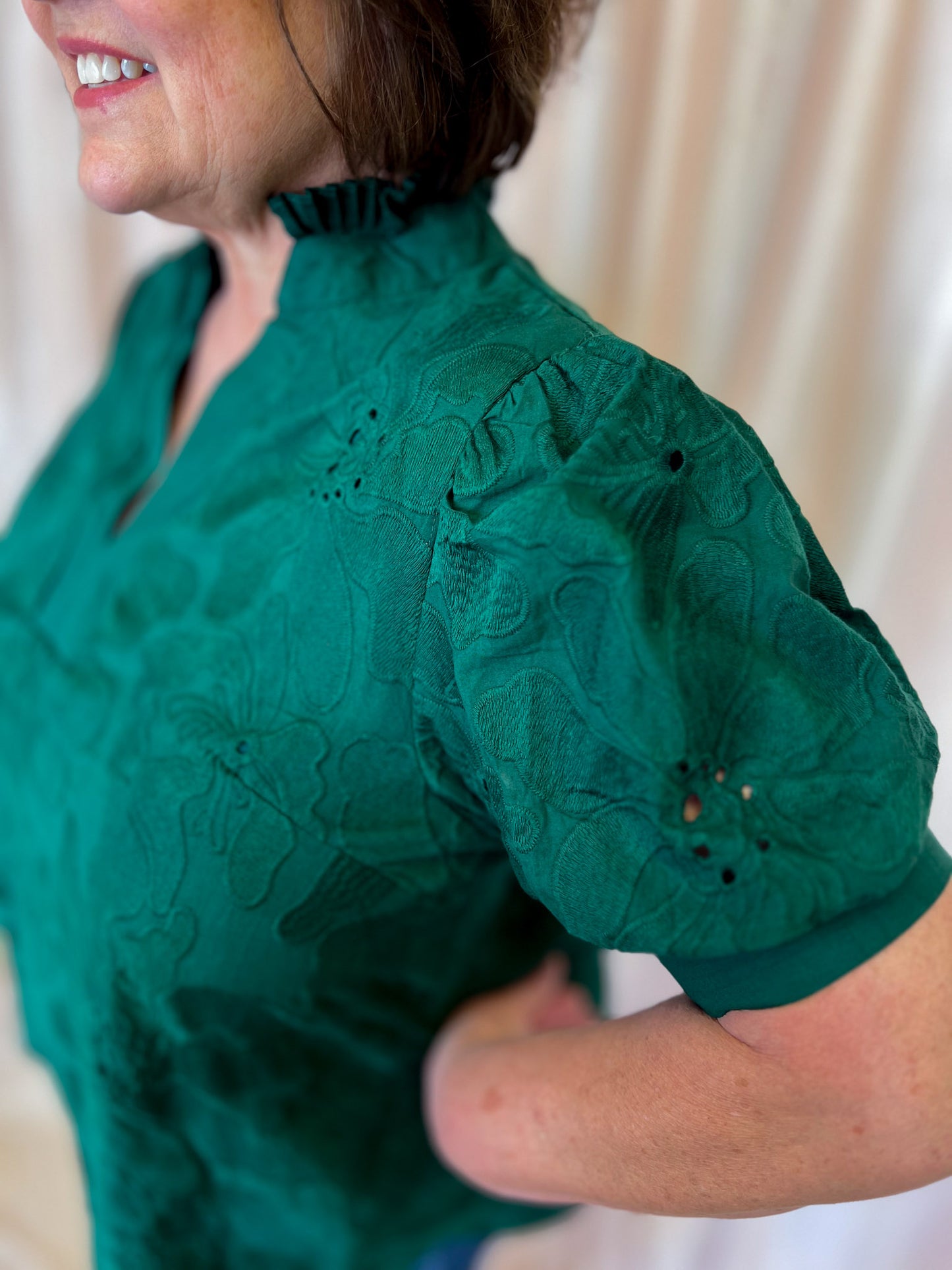 Precious Petals Curvy Green Embroidered Floral Top