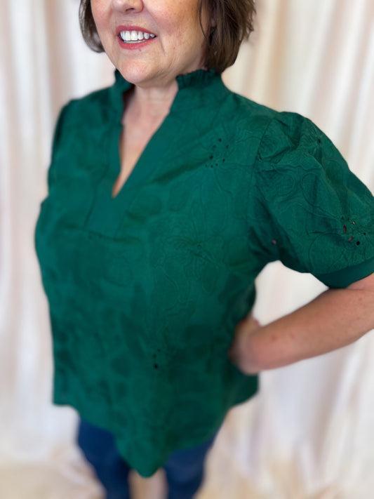 Precious Petals Curvy Green Embroidered Floral Top