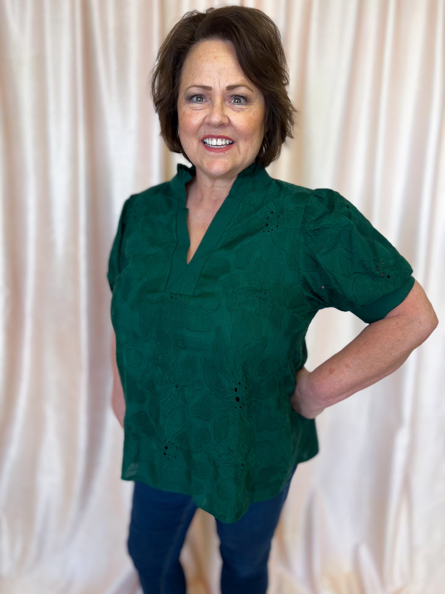 Precious Petals Curvy Green Embroidered Floral Top