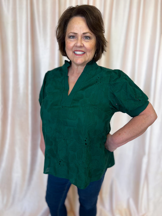 Precious Petals Curvy Green Embroidered Floral Top