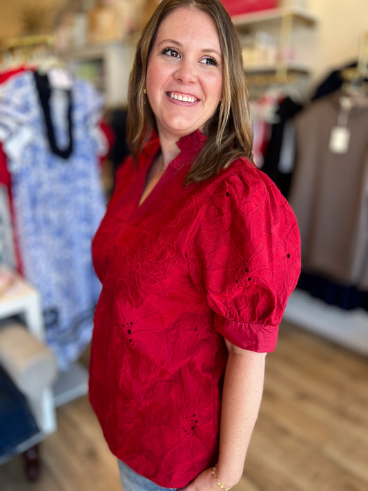 Precious Petals Curvy Red Embroidered Floral Top