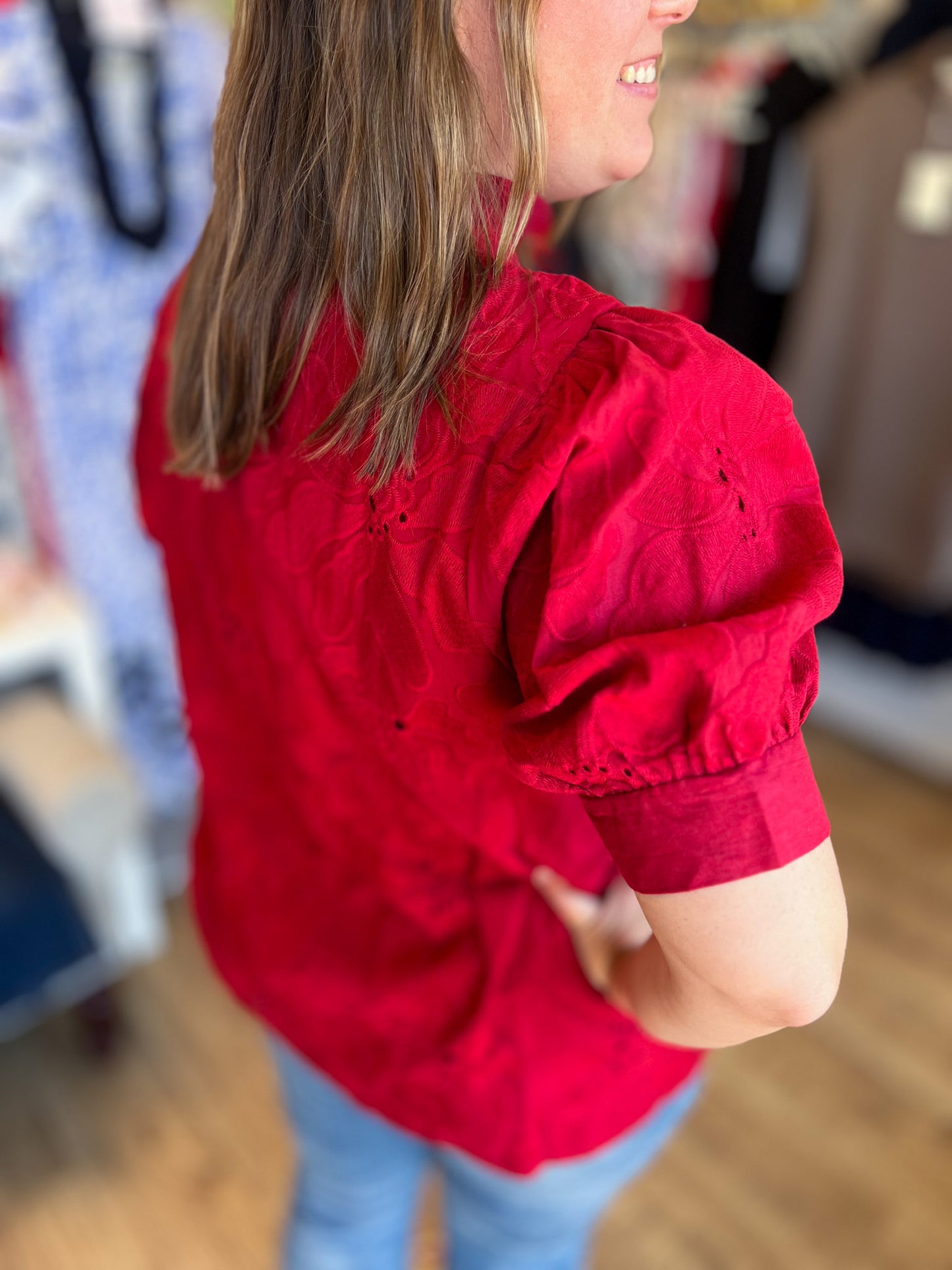 Precious Petals Curvy Red Embroidered Floral Top