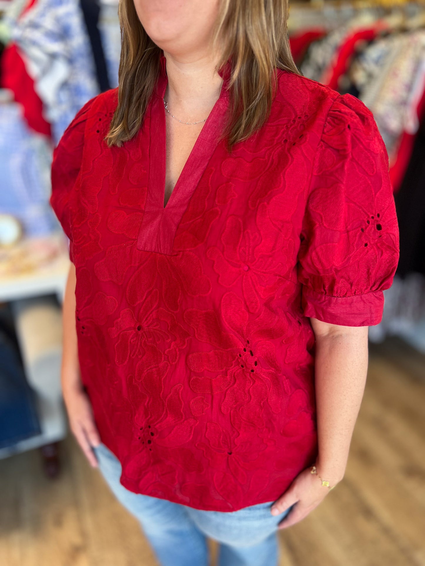 Precious Petals Curvy Red Embroidered Floral Top