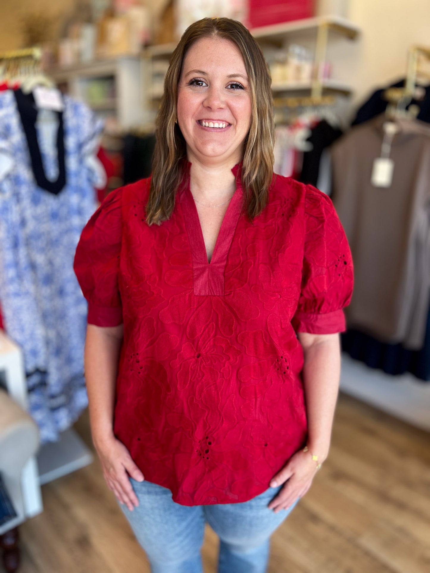 Precious Petals Curvy Red Embroidered Floral Top