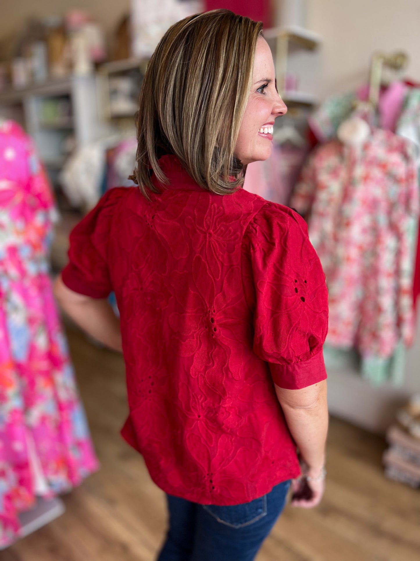 Precious Petals Curvy Red Embroidered Floral Top