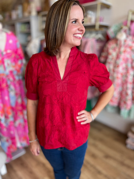 Precious Petals Curvy Red Embroidered Floral Top