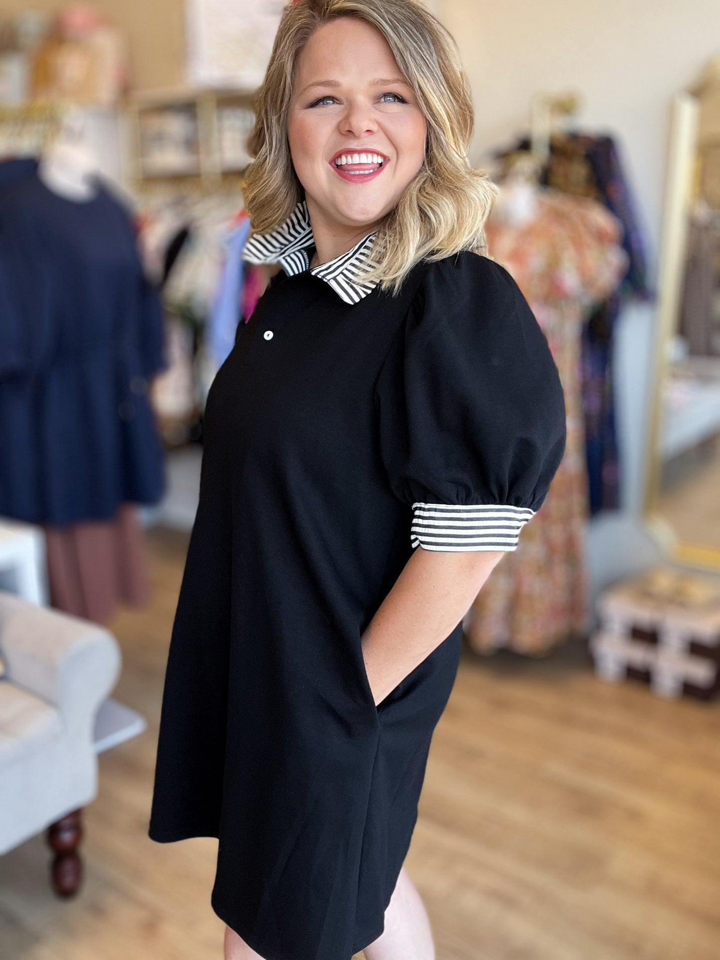 Put Me In, Coach Curvy Black Stripe Collar Dress