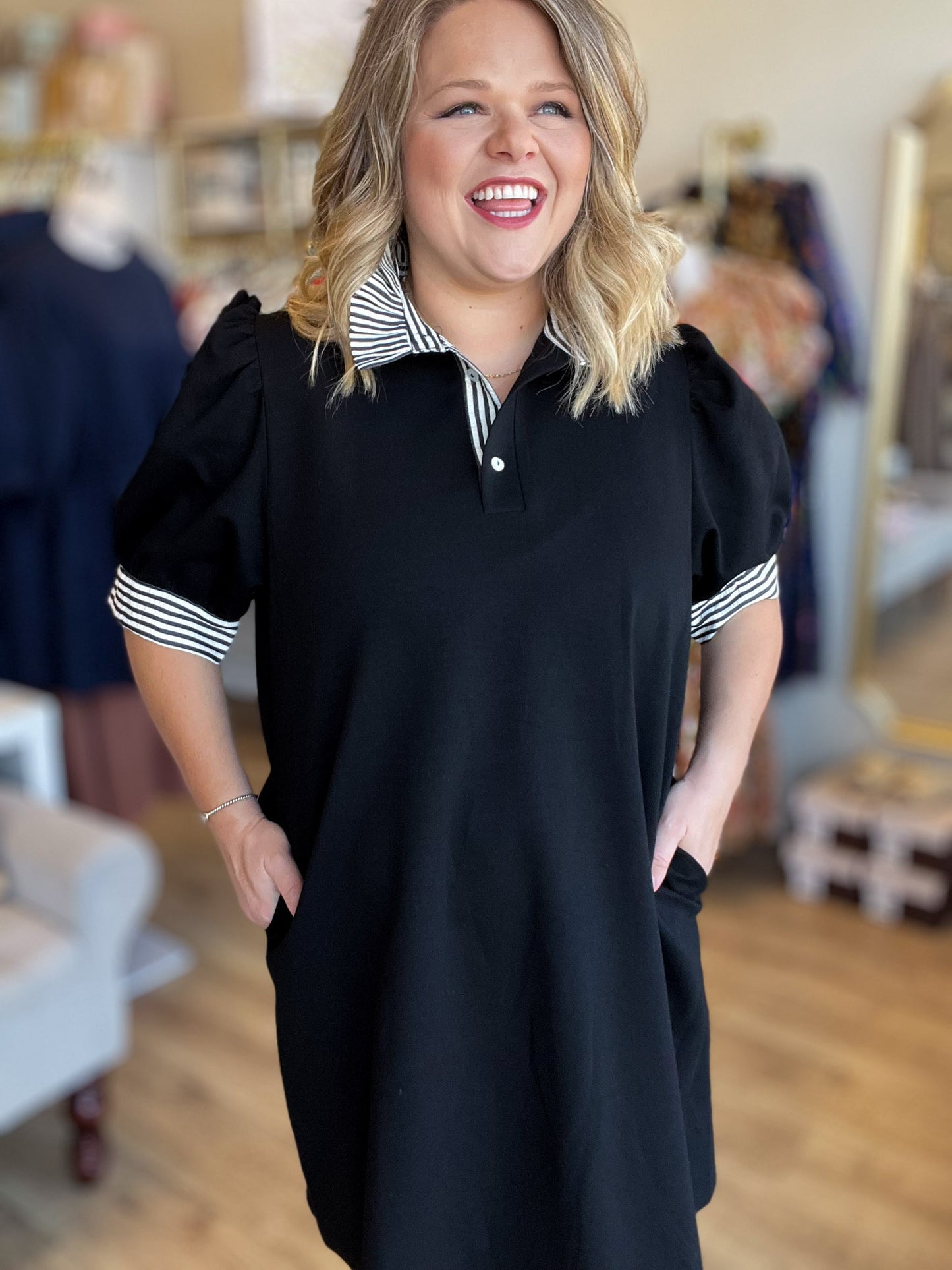 Put Me In, Coach Curvy Black Stripe Collar Dress
