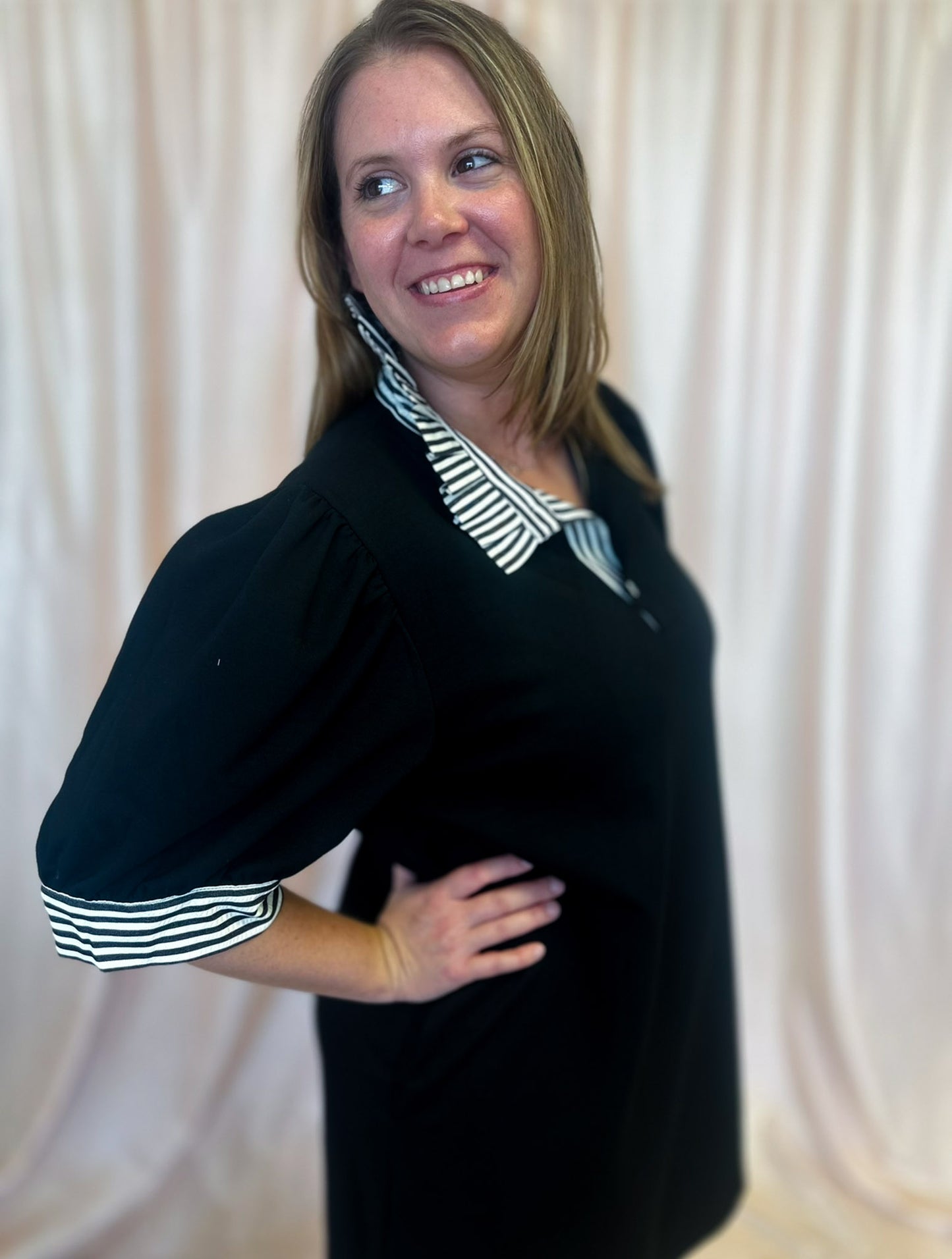 Put Me In, Coach Curvy Black Stripe Collar Dress