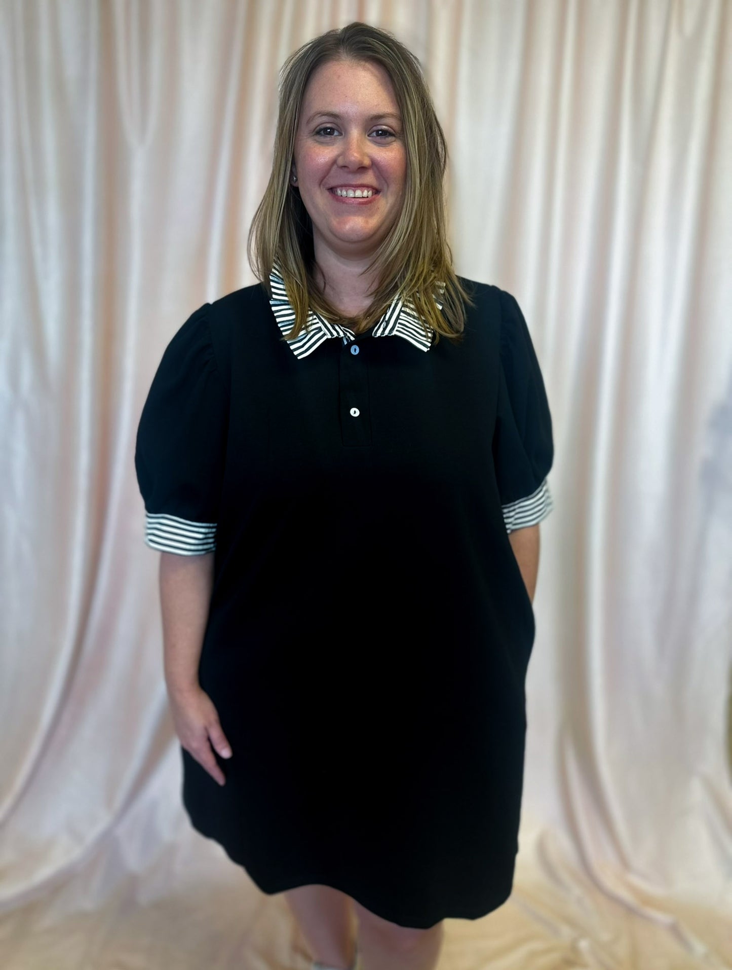 Put Me In, Coach Curvy Black Stripe Collar Dress