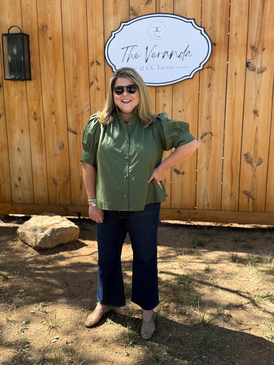 Quiet Transition Curvy Olive High Collar Top