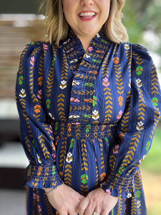 RESTOCKED! Raindrops on Roses Curvy Midnight Long Sleeve Maxi Dress