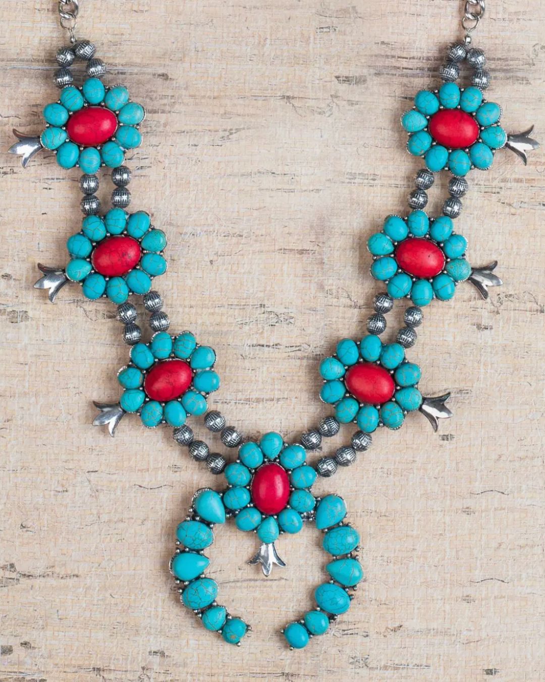 Turquoise and Red Squash Blossom Necklace