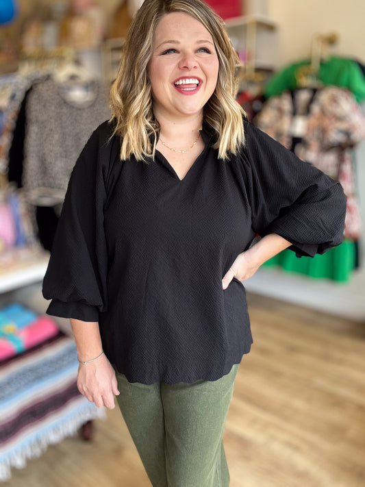 Refinement Curvy Black Scalloped 3/4 Sleeve Top