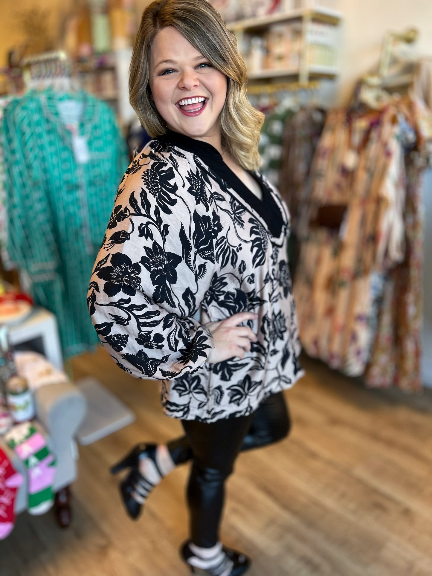 Rockin' Around Curvy Black & Taupe Top