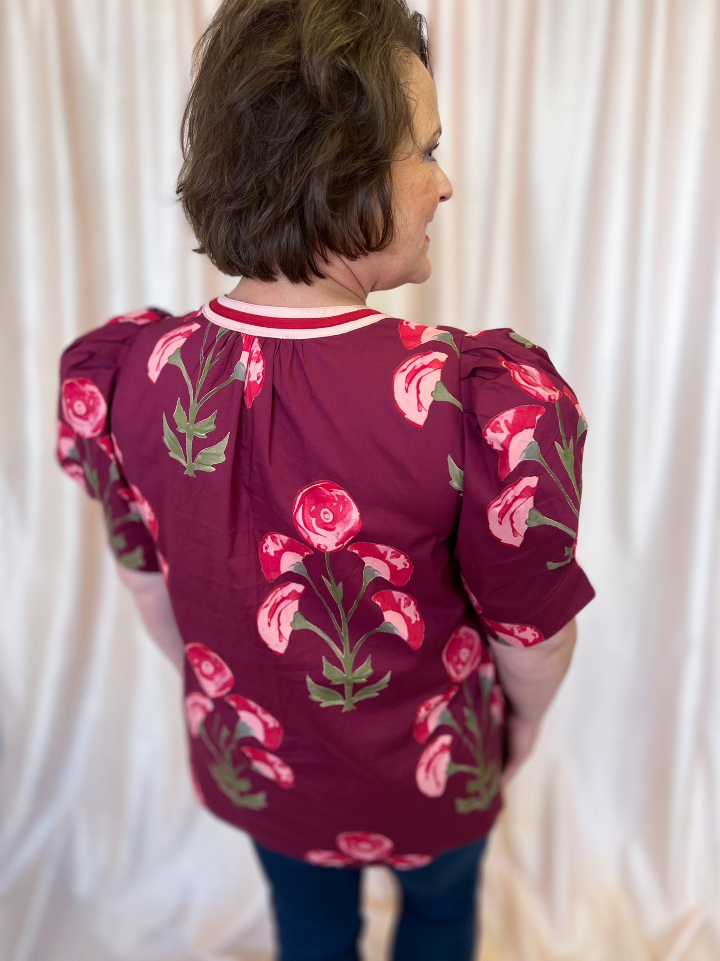 Rosy Ranunculus Curvy Wine Floral Blouse