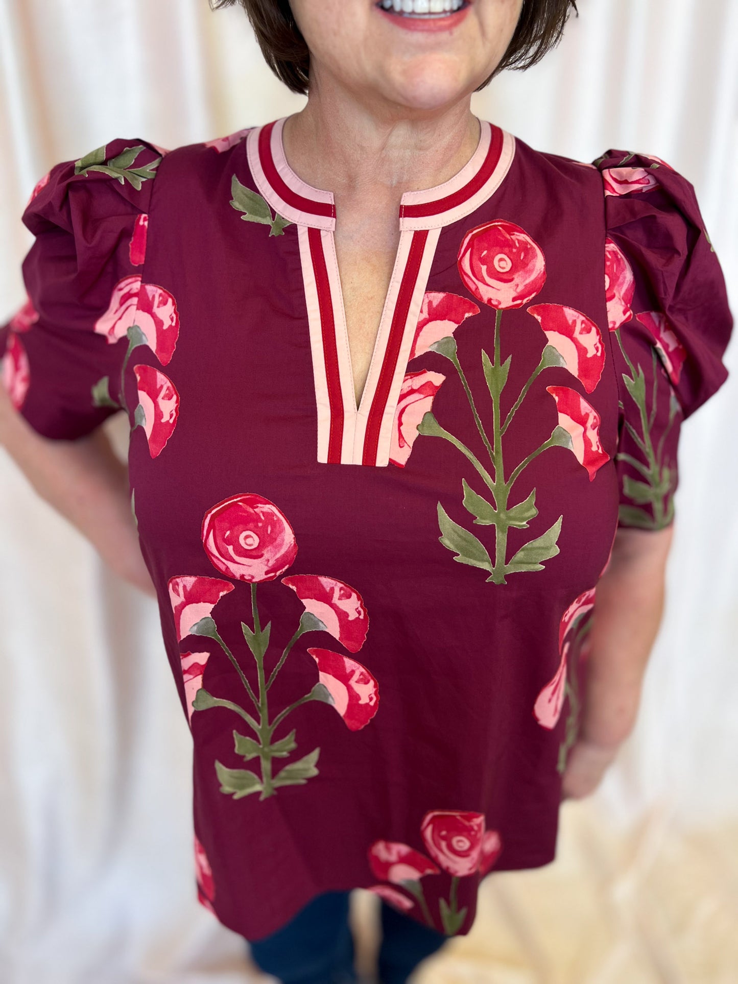Rosy Ranunculus Curvy Wine Floral Blouse