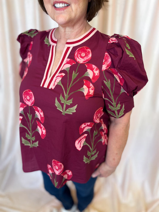 Rosy Ranunculus Curvy Wine Floral Blouse