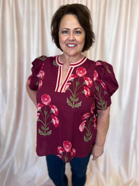 Rosy Ranunculus Curvy Wine Floral Blouse