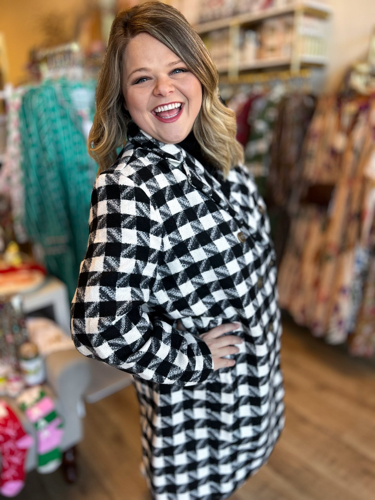 Sleigh All Day Plus-Size Black & White Houndstooth Coat