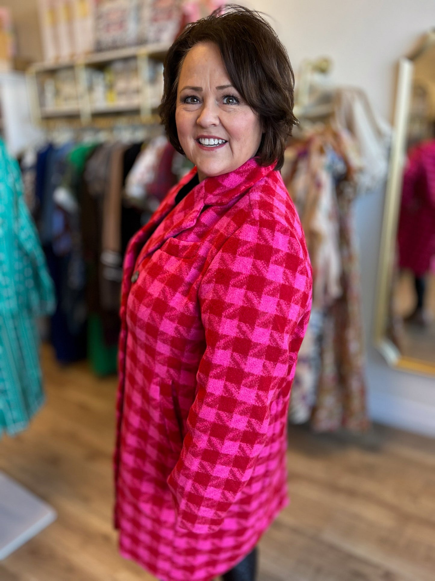 Sleigh All Day Plus-Size Red & Pink Houndstooth Coat