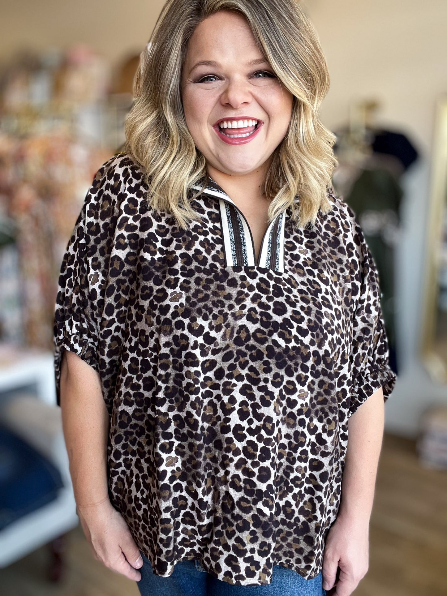 Smitten Kitten Curvy Leopard Dolman Sleeve Top