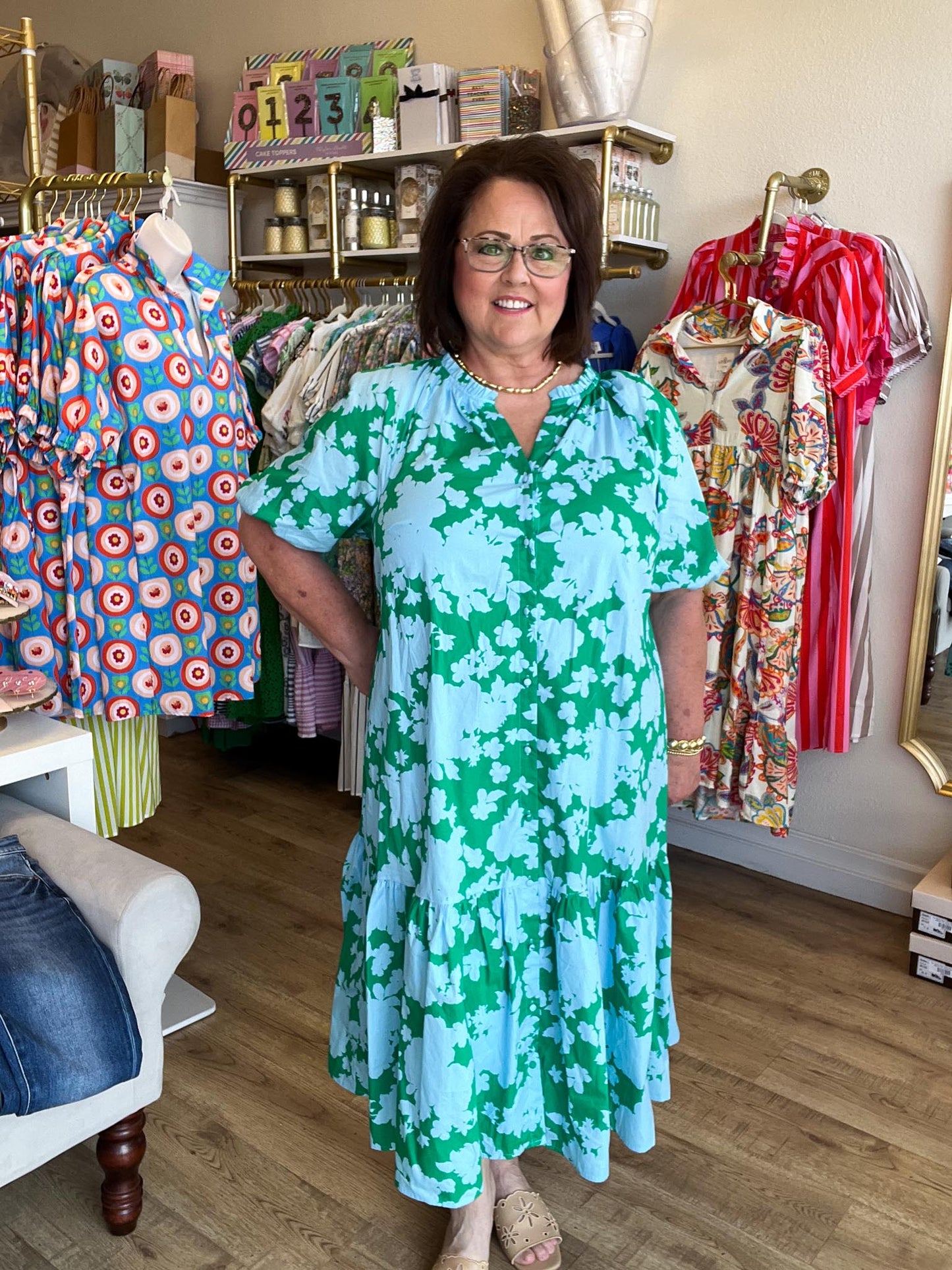 Southern Soirée Plus-Size Blue & Green Midi Dress