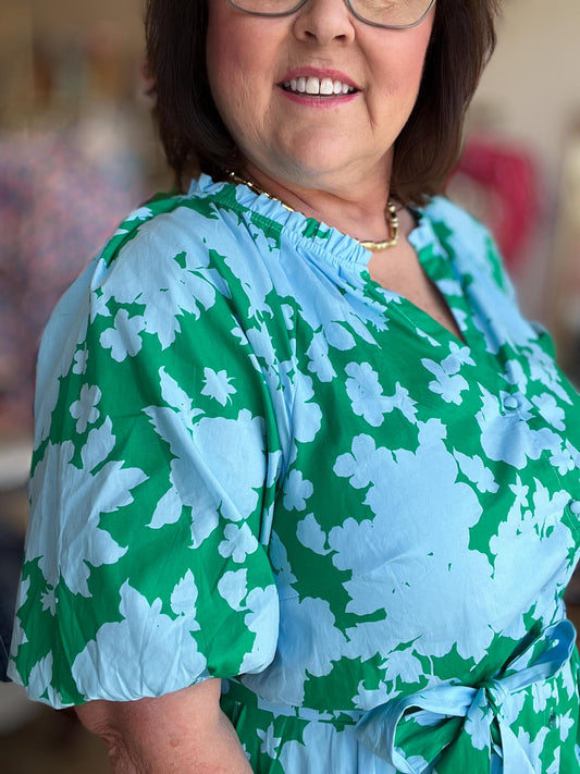 Southern Soirée Plus-Size Blue & Green Midi Dress