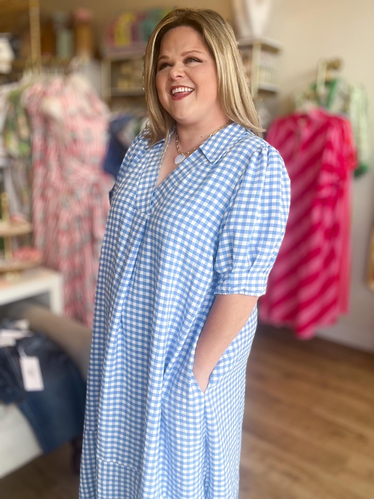 RESTOCKED! Star-Spangled Sweetheart Curvy Blue Gingham Midi Dress