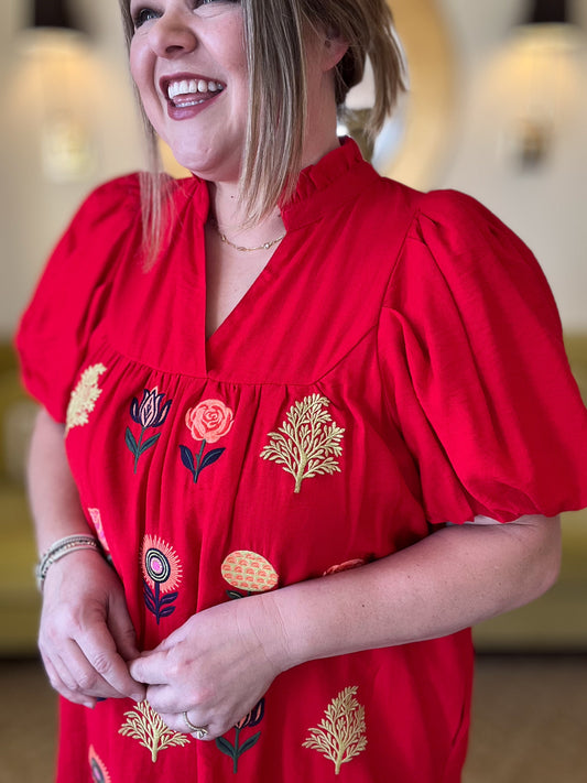 Stems of Scarlet Curvy Red Embroidered Dress
