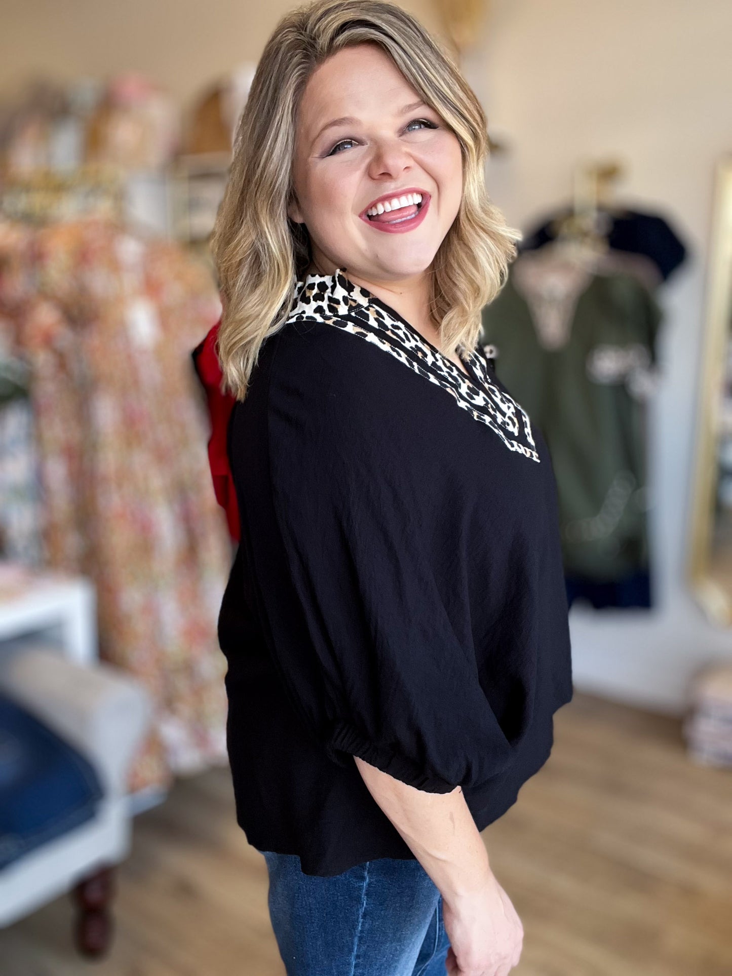 Sugar Mama Curvy Black Dolman Top with Leopard Trim