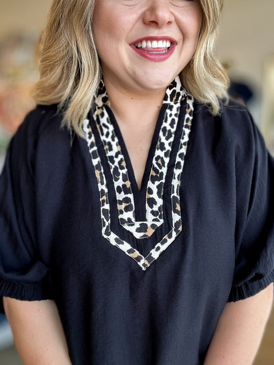 Sugar Mama Curvy Black Dolman Top with Leopard Trim