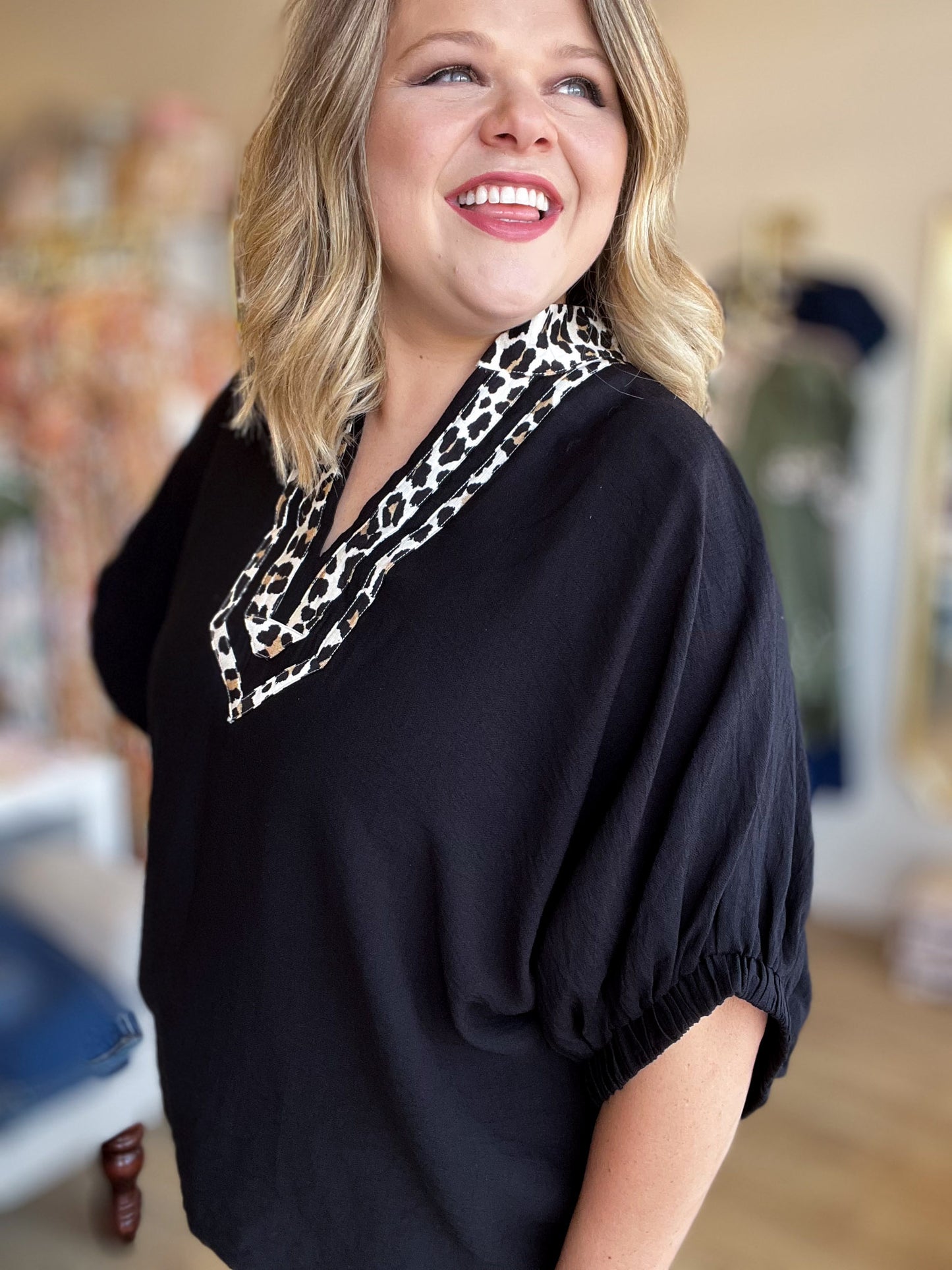 Sugar Mama Curvy Black Dolman Top with Leopard Trim