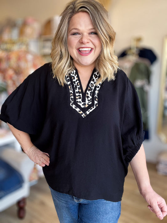Sugar Mama Curvy Black Dolman Top with Leopard Trim