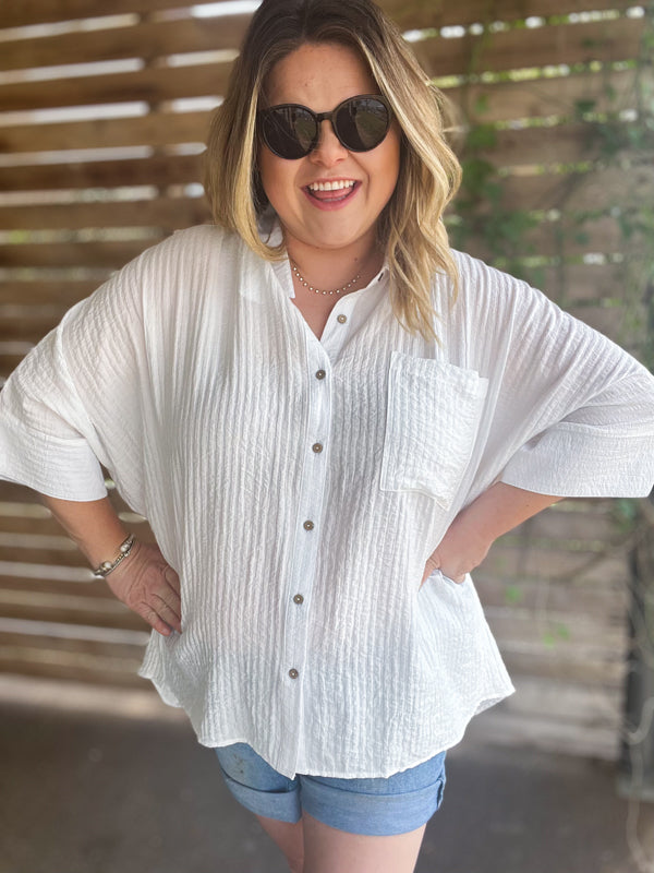"Summertime Sunshine" Curvy White Pleated Button Up