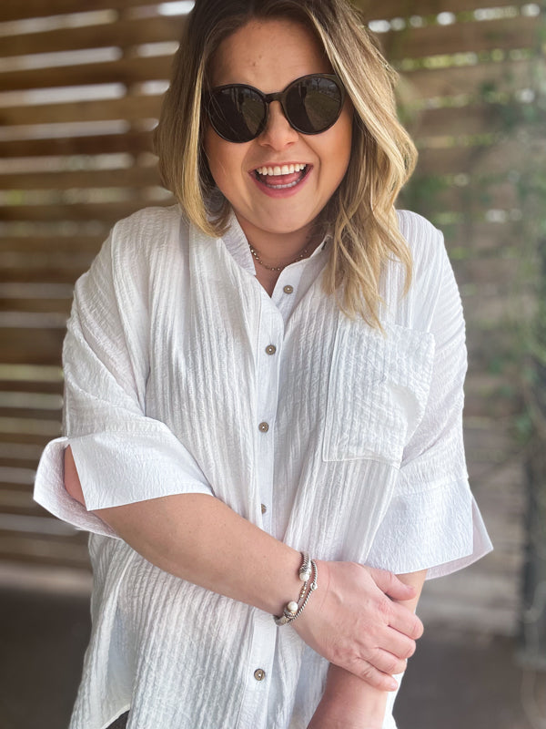 "Summertime Sunshine" Curvy White Pleated Button Up