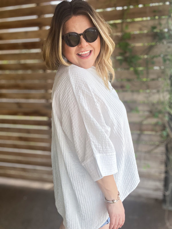 "Summertime Sunshine" Curvy White Pleated Button Up