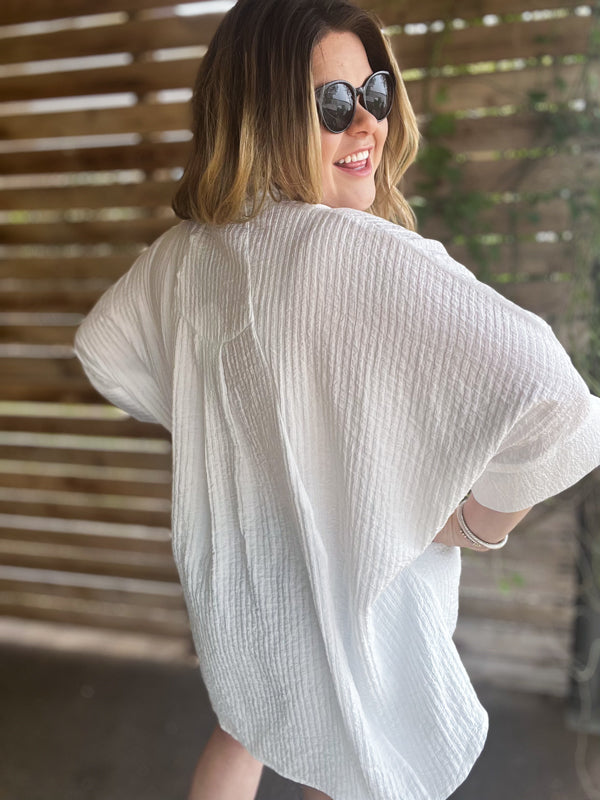 "Summertime Sunshine" Curvy White Pleated Button Up