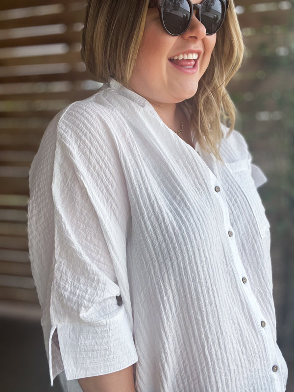 "Summertime Sunshine" Curvy White Pleated Button Up