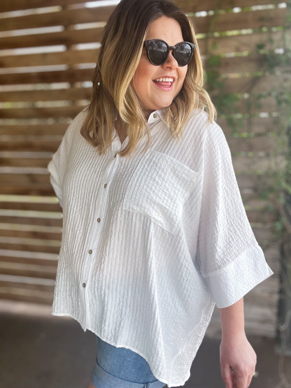 "Summertime Sunshine" Curvy White Pleated Button Up