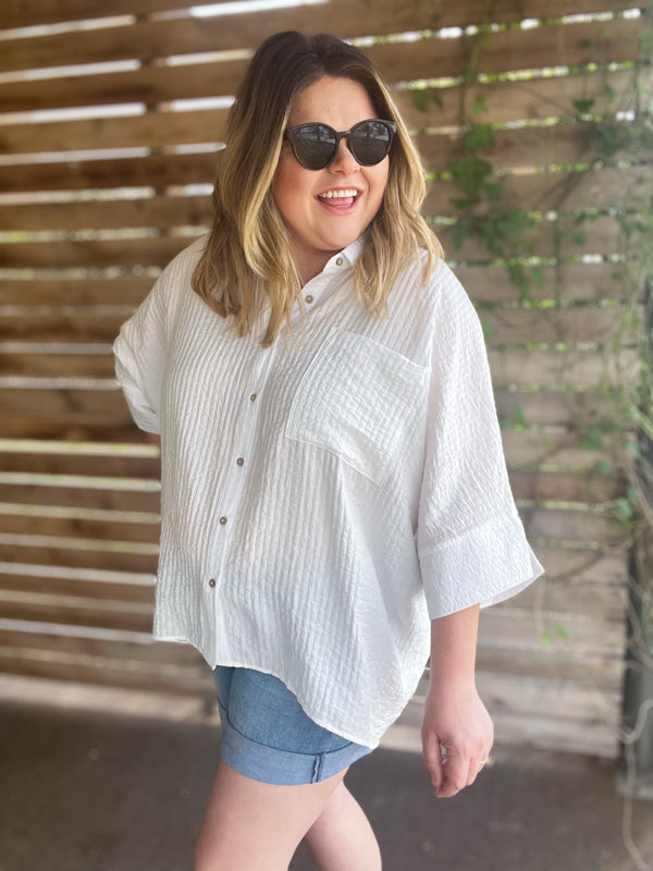 "Summertime Sunshine" Curvy White Pleated Button Up