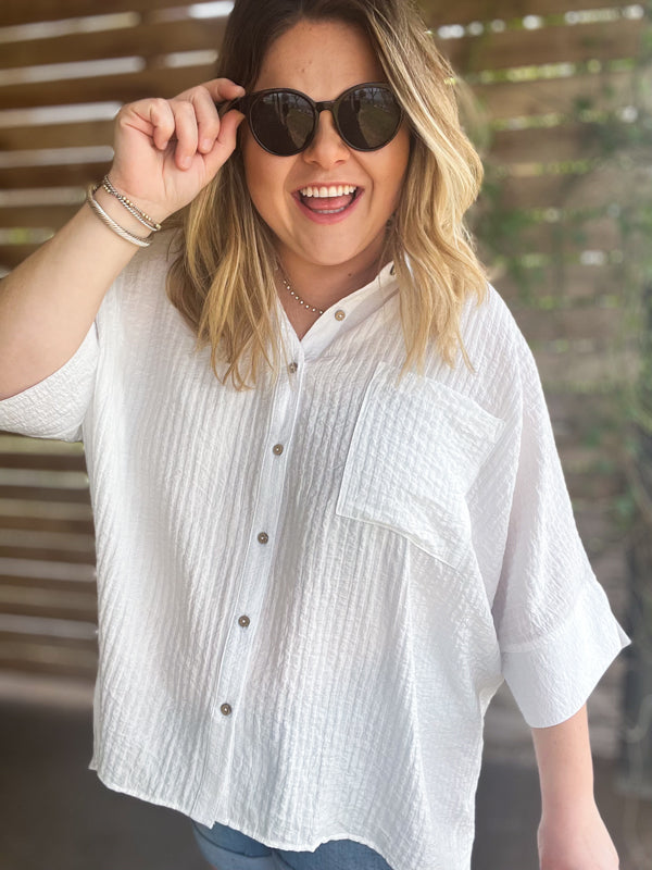 "Summertime Sunshine" Curvy White Pleated Button Up