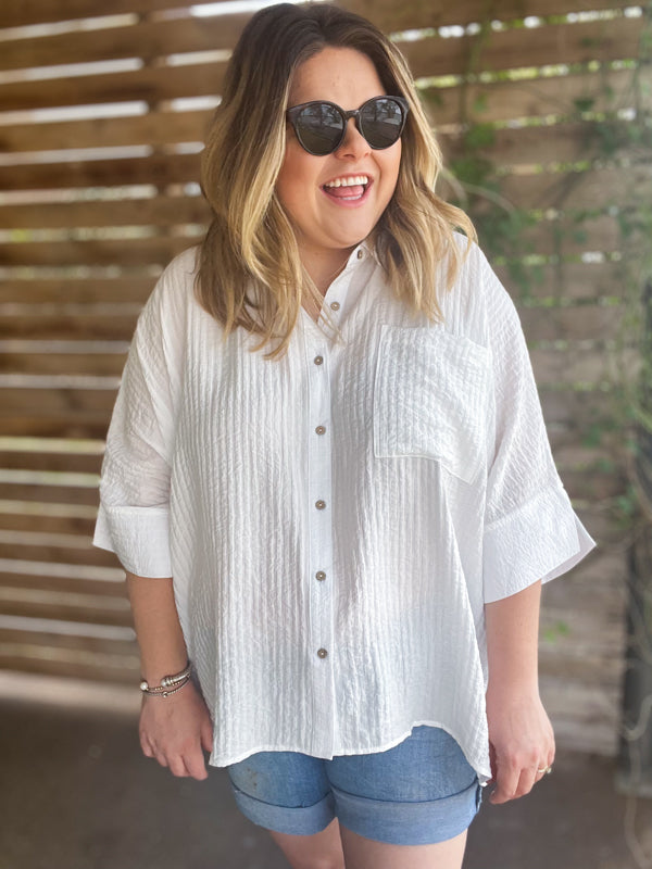 "Summertime Sunshine" Curvy White Pleated Button Up