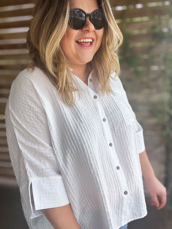 "Summertime Sunshine" Curvy White Pleated Button Up