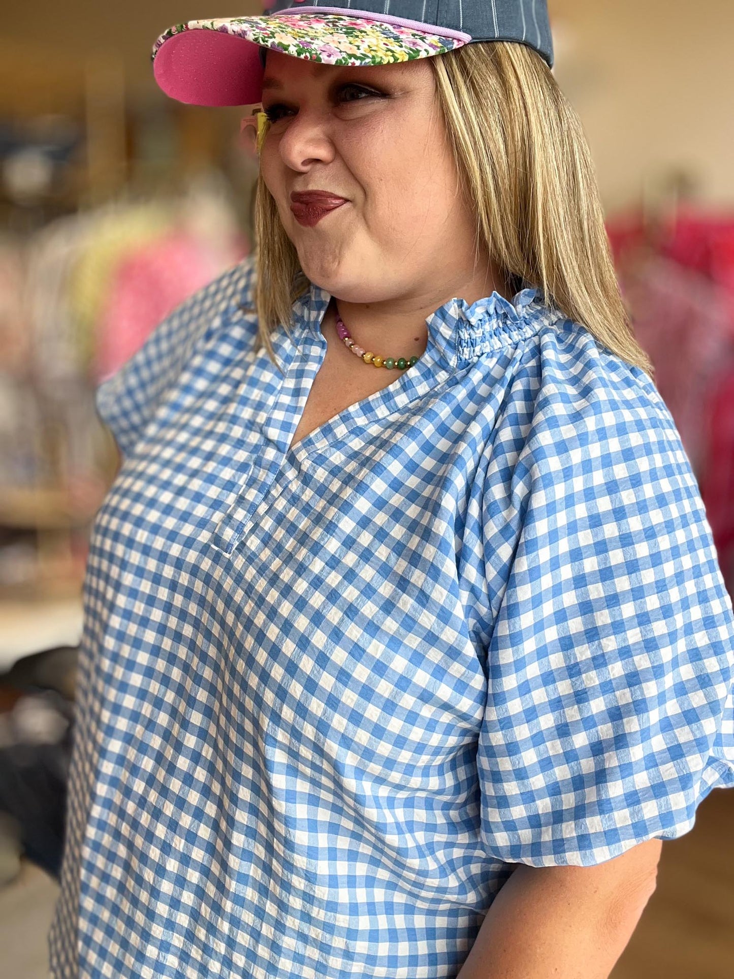 Sunday Stroll Curvy Blue Gingham Blouse