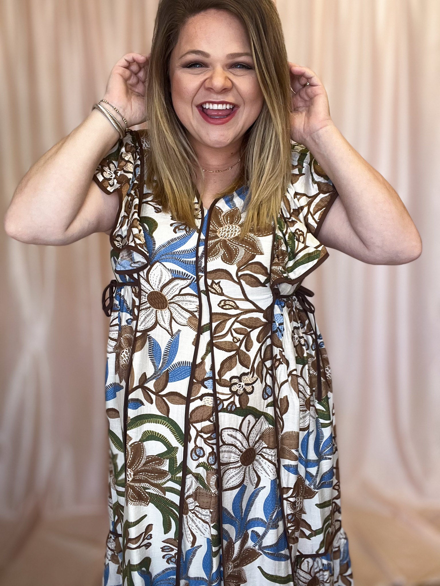 Sunflowers in Late Summer Curvy Brown Floral Midi Dress - FINAL SALE XL Sunflowers in Late Summer Curvy Brown Floral Midi Dress - FINAL SALE XL