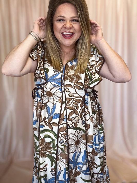 Sunflowers in Late Summer Curvy Brown Floral Midi Dress