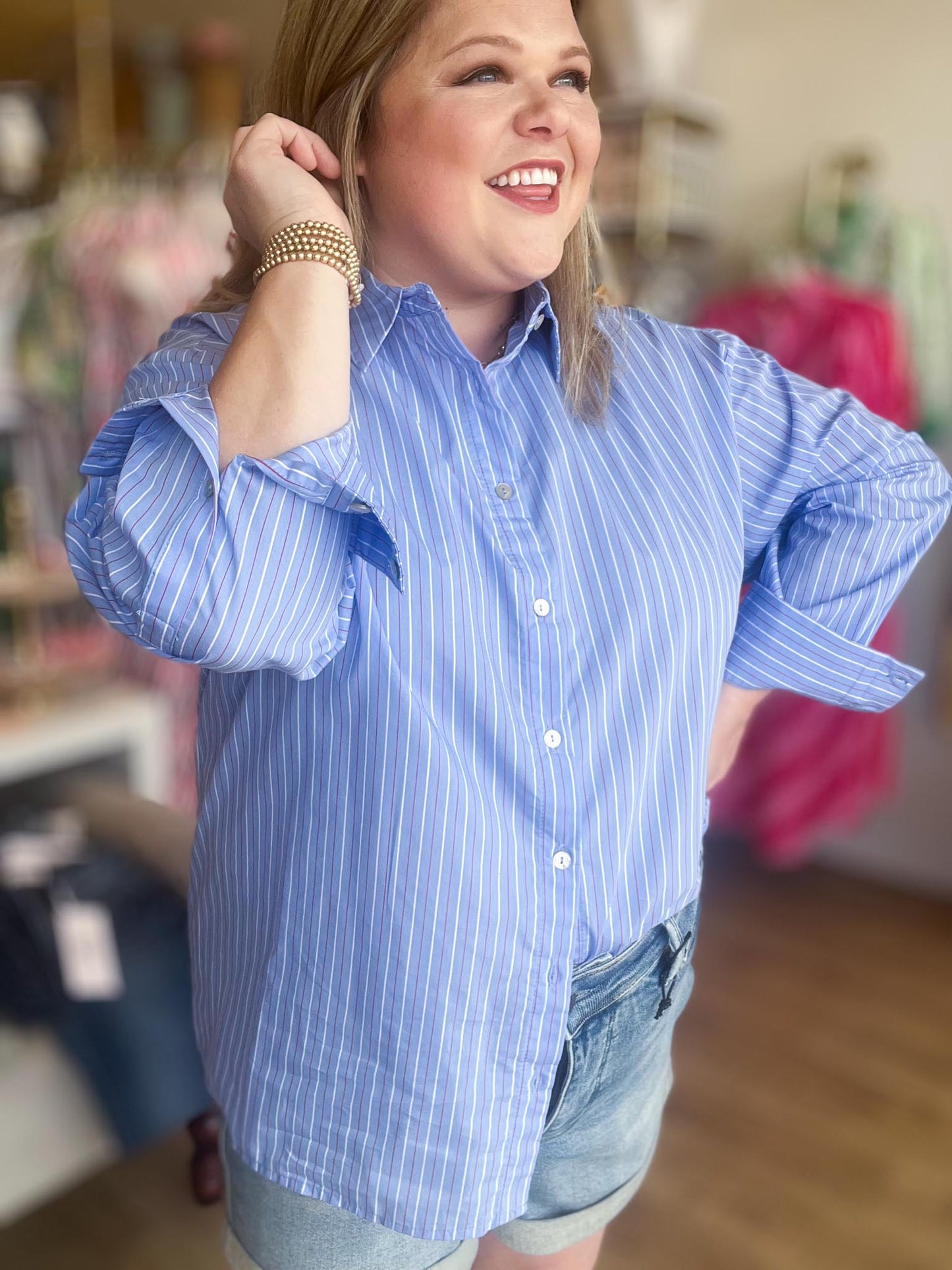 Sweet Land of the Free Curvy Blue Pinstripe Button Up