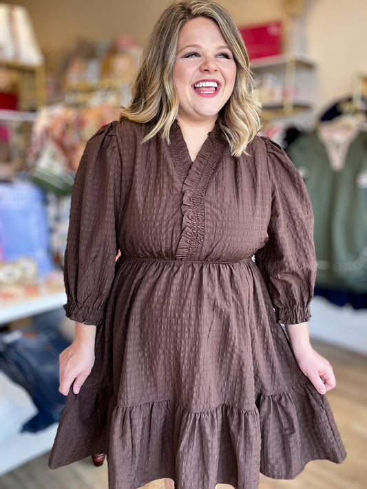 Sweet Like Pecan Pie Curvy Ruffle Trim Babydoll Dress